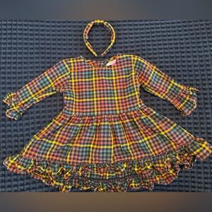 Ruffle Butts toddler girl colorful plaid tunic dress ruffles matching headband
